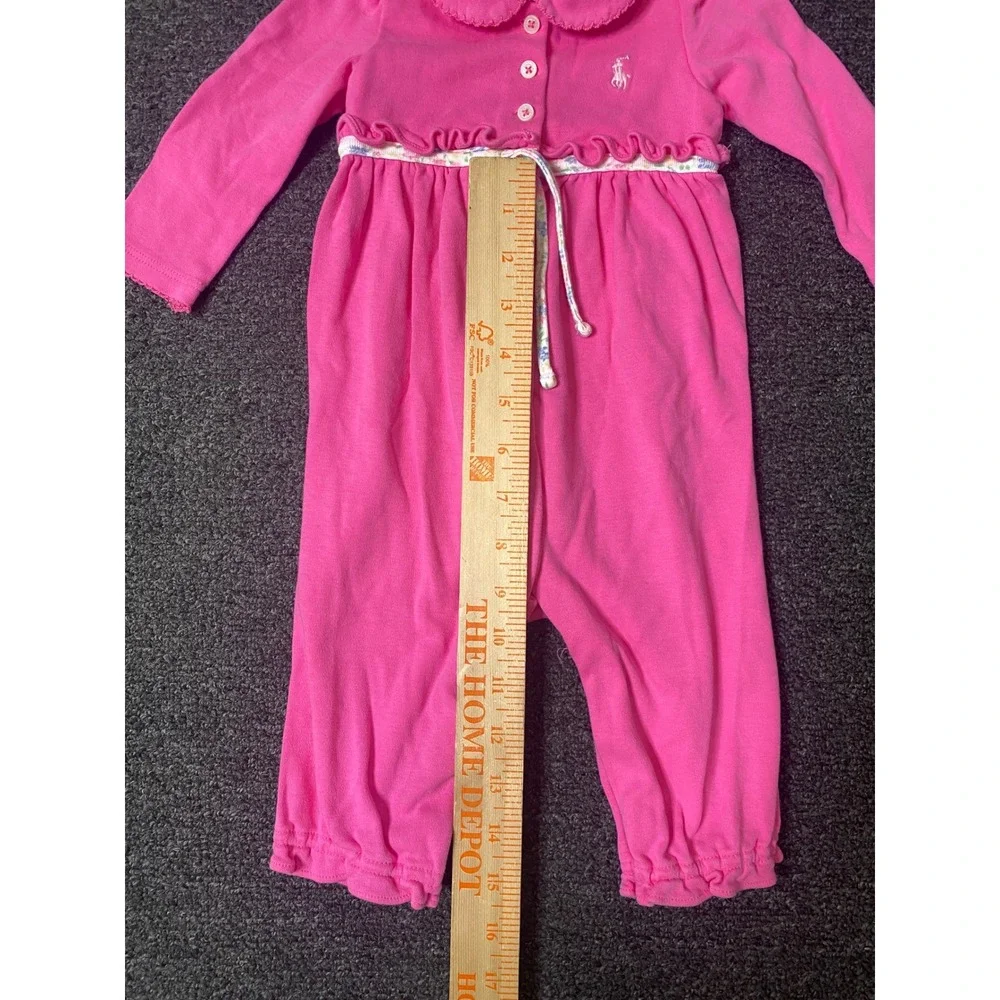 Ralph Lauren Polo Romper Pink Baby Girls 9M Long Sleeve Floral Ruffle Coverall